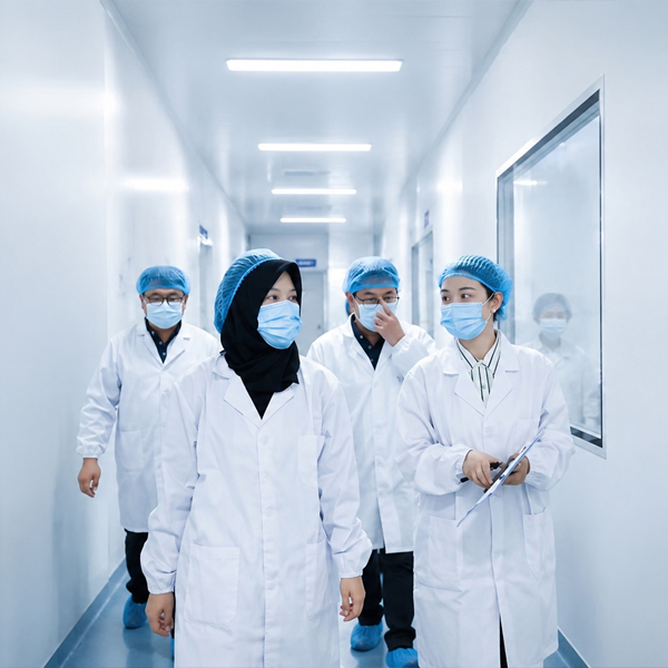 Team wearing protective clothing in a cleanroom