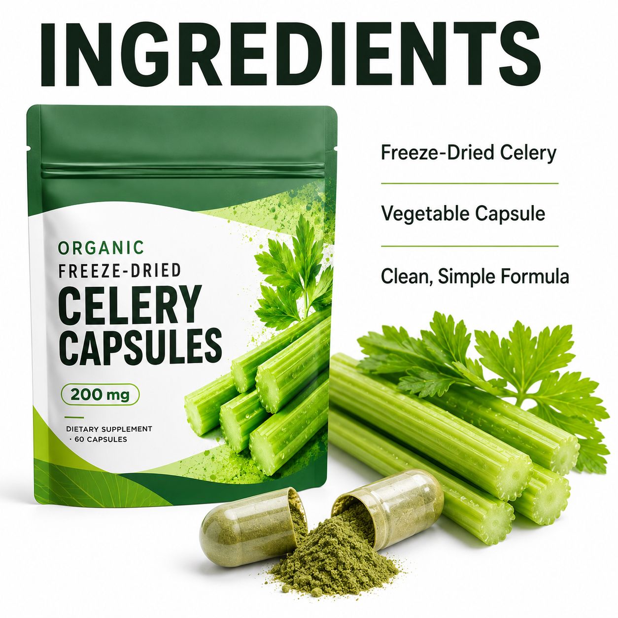 Freeze-Dried Celery Capsules 200 mg (YJN448), product view 3