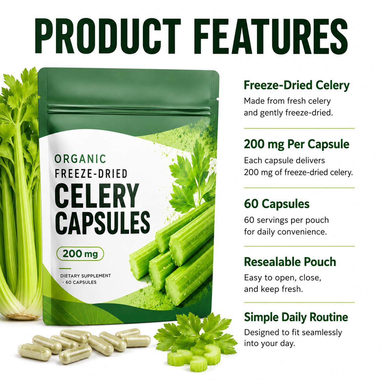 Freeze-Dried Celery Capsules 200 mg (YJN448), product view 6