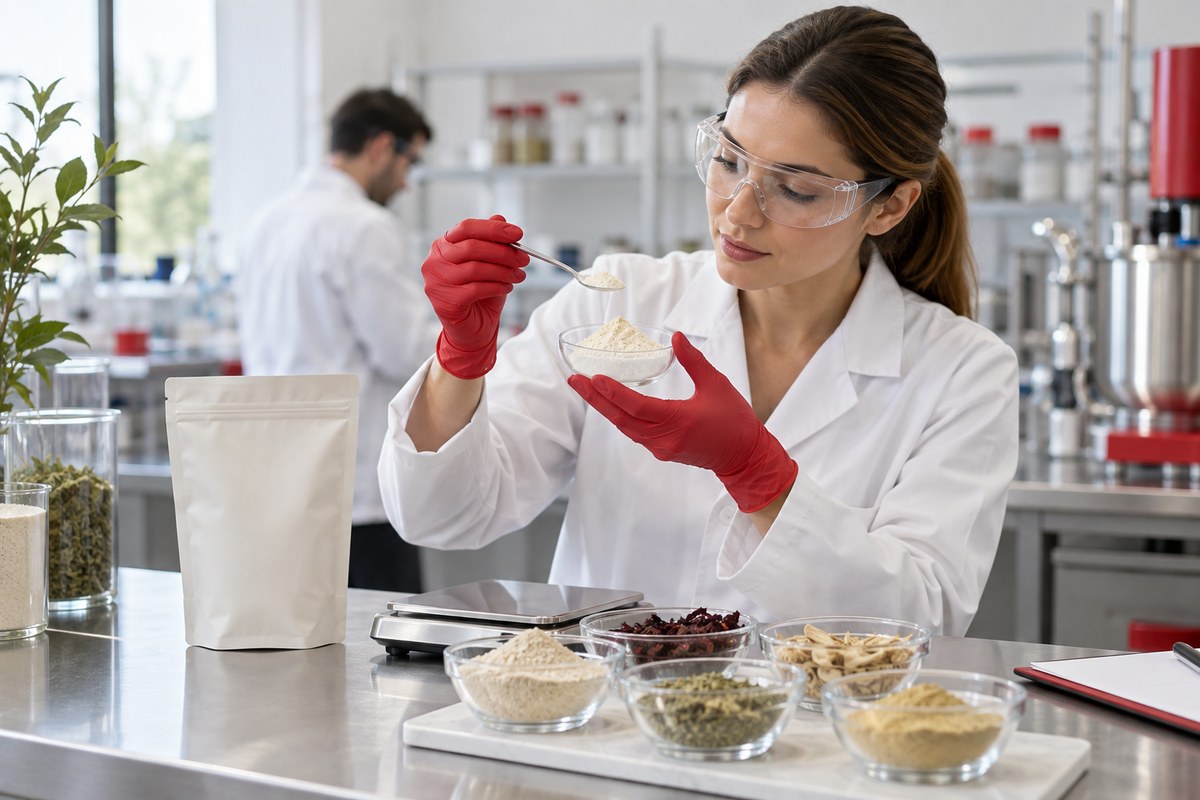 Specialist evaluating a custom gut health powder formula in a supplement laboratory