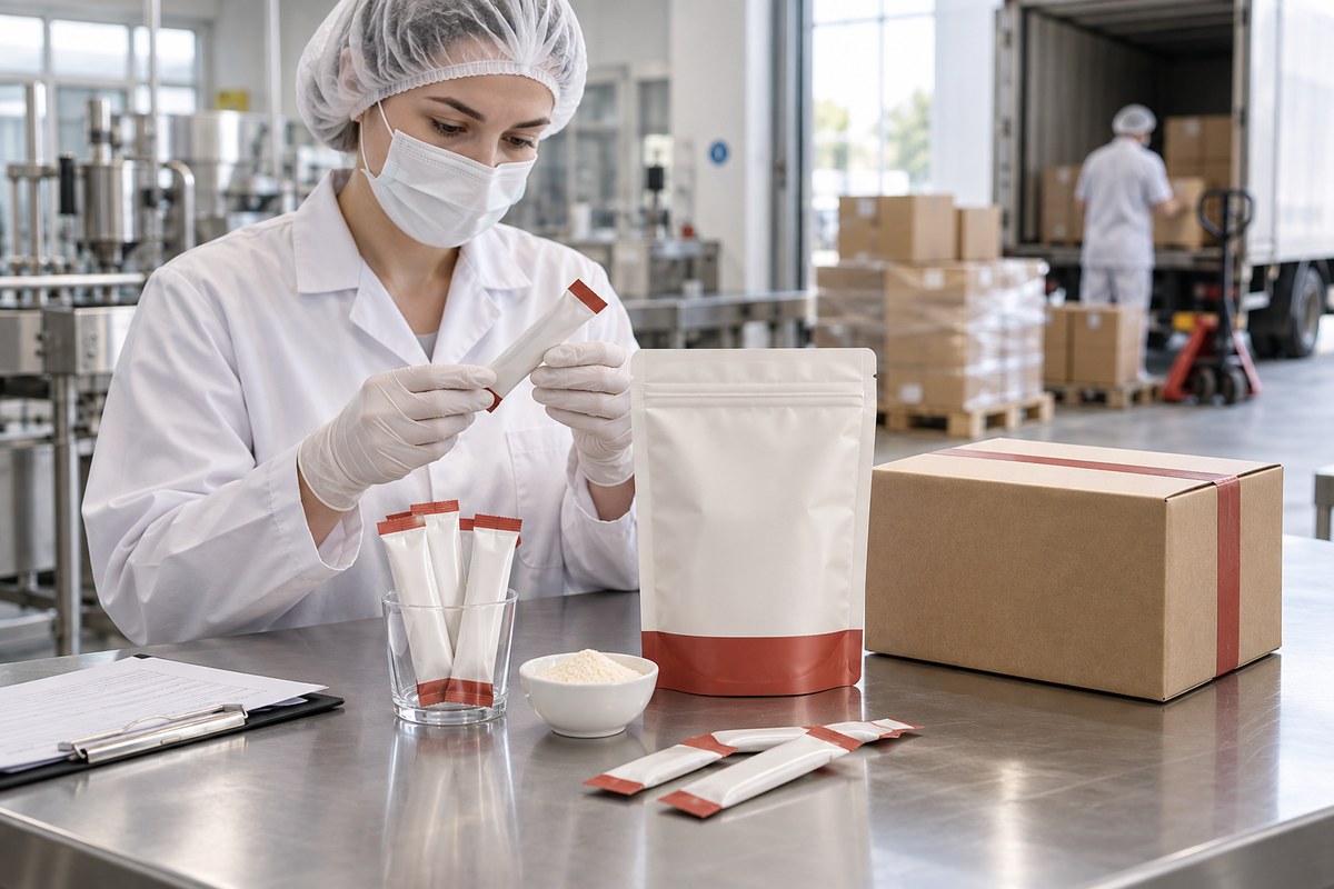 Finished probiotic powder stick packs undergoing quality inspection before delivery